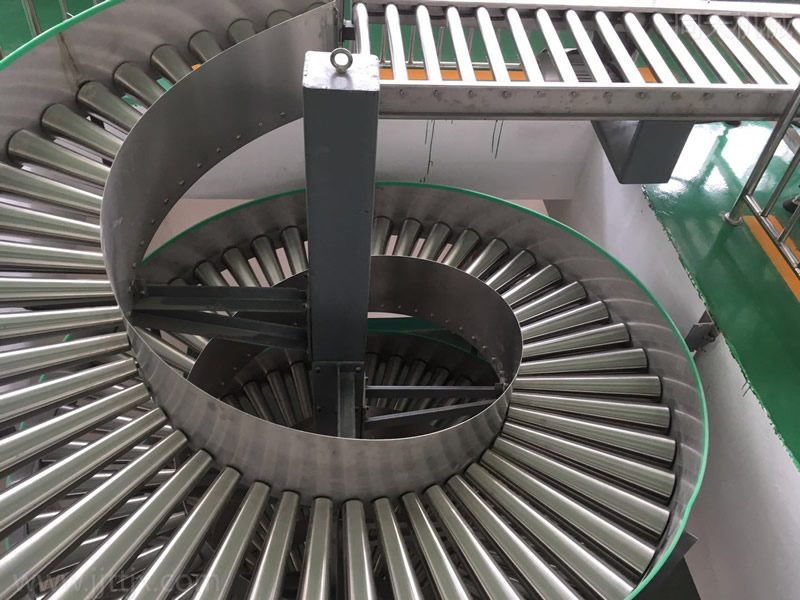 Power spiral roller conveyor line & bottle clamp conveyor line